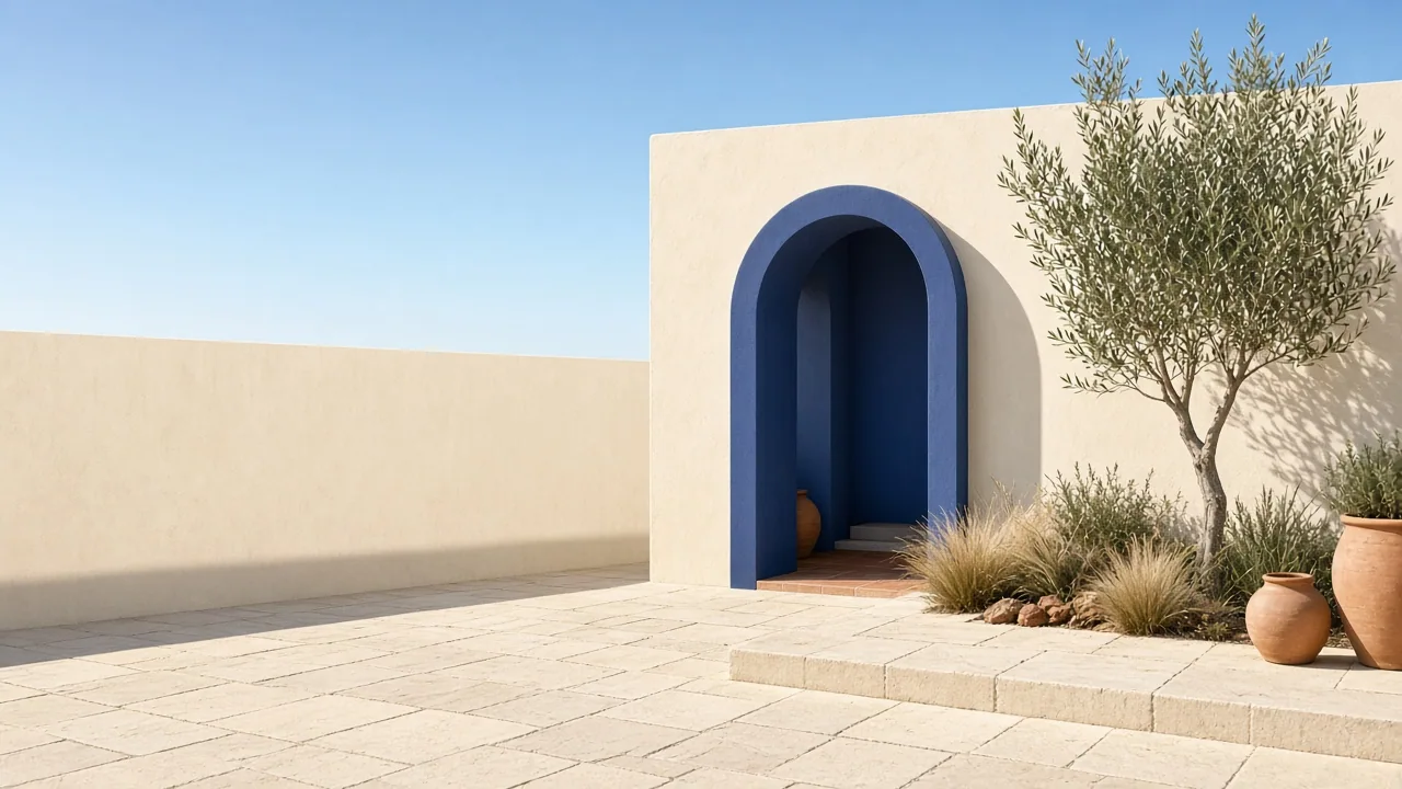 Cour méditerranéenne avec arche indigo